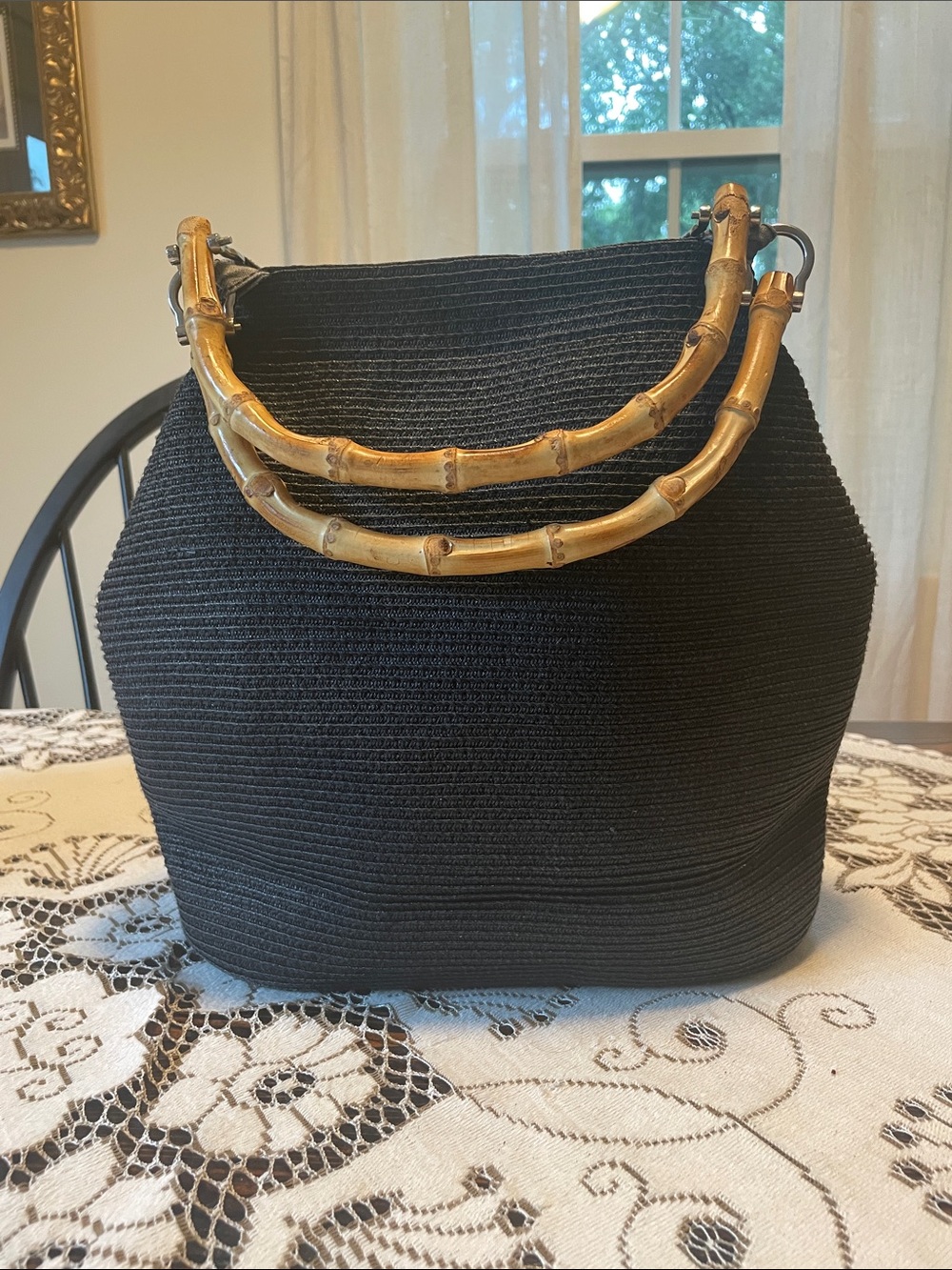 Betmar Classic Black Straw Handbag Bamboo Handles